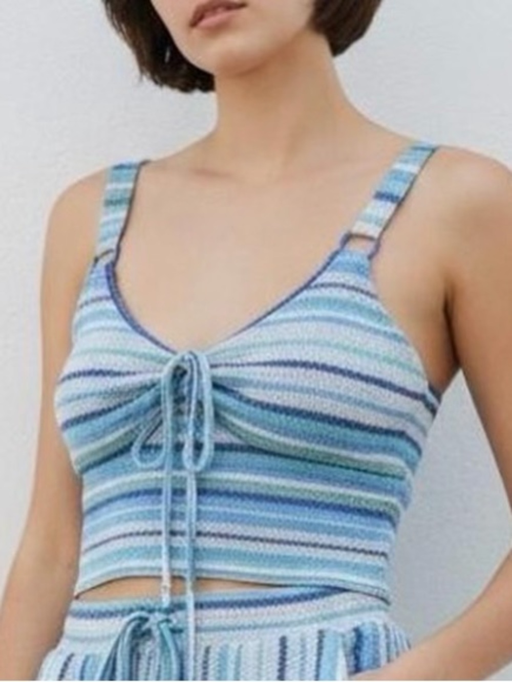 Striped Knit Blue Tie Front Crop Top
